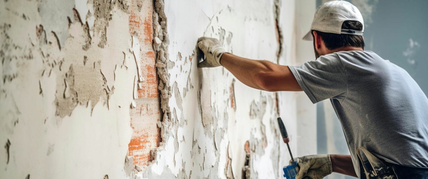 Un ouvrier expérimenté de l'entreprise Novalt s'occupe du plâtre sur un mur pour la rénovation d'une maison